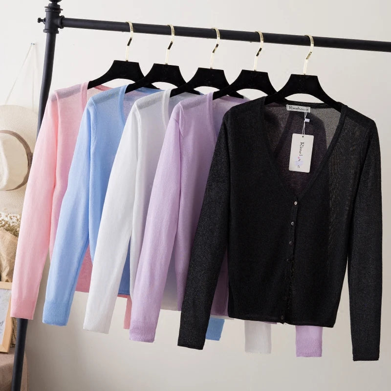 Women’s Summer Cardigan – Korean Style Cropped V-Neck Buttoned Sweater