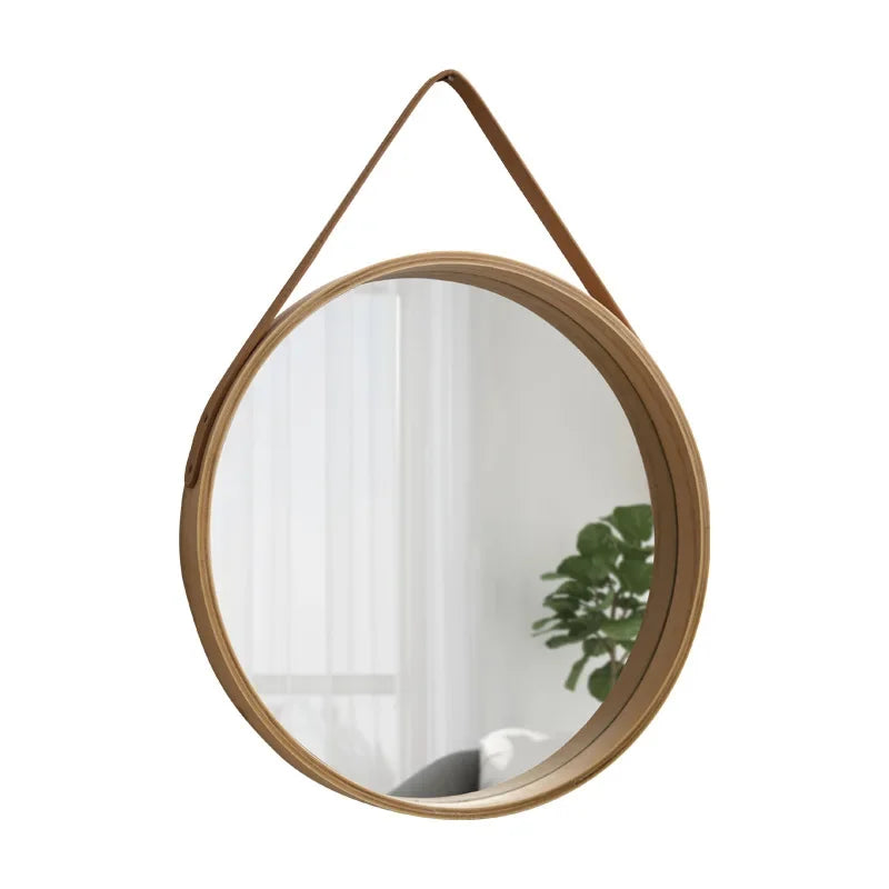 Wall-mounted Round Vanity Mirror with Wooden Frame and Leather Strap