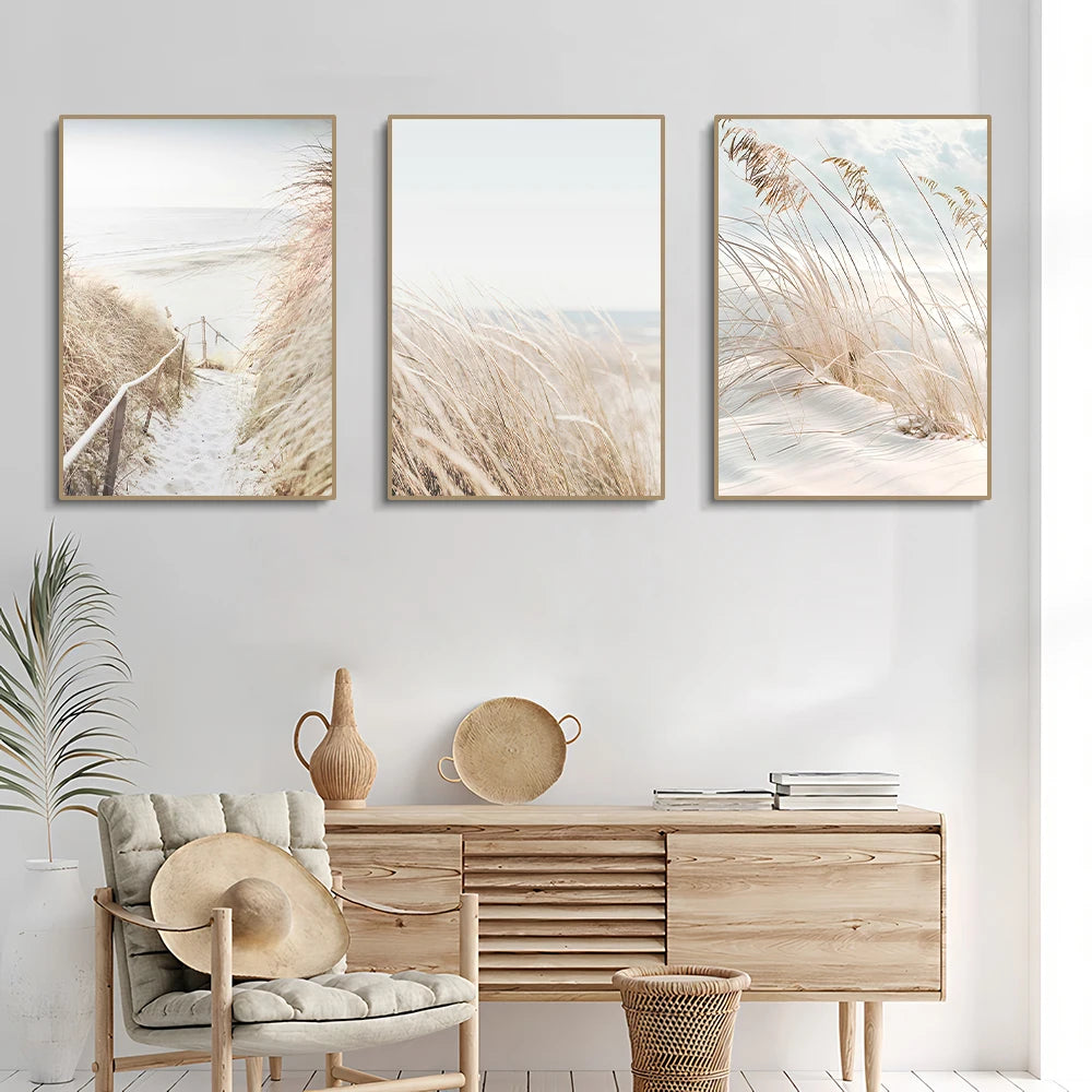 White Seascape Canvas Set – Nordic Minimalist Beach & Pampas Wall Art