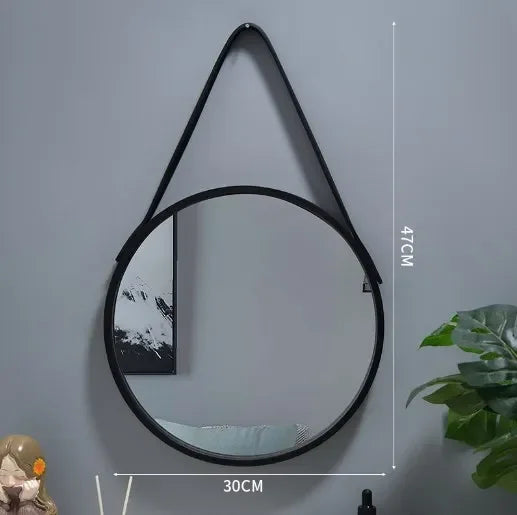 Wall-mounted Round Vanity Mirror with Wooden Frame and Leather Strap